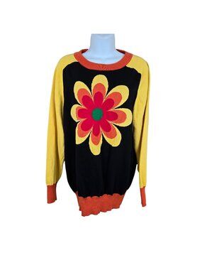 Retro 70s Oxknit Floral Sweater XXL Black Yellow Flower Power